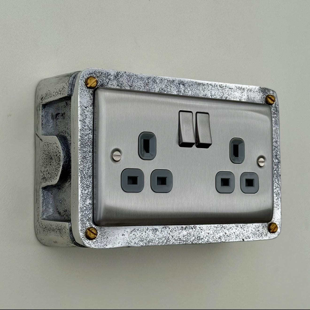 Brushed Steel Double Switched 13A Power Socket Grey Insert 230V 2 Gang 2G Socket Cast Metal Conduit Switch Industrial - BS EN Approved