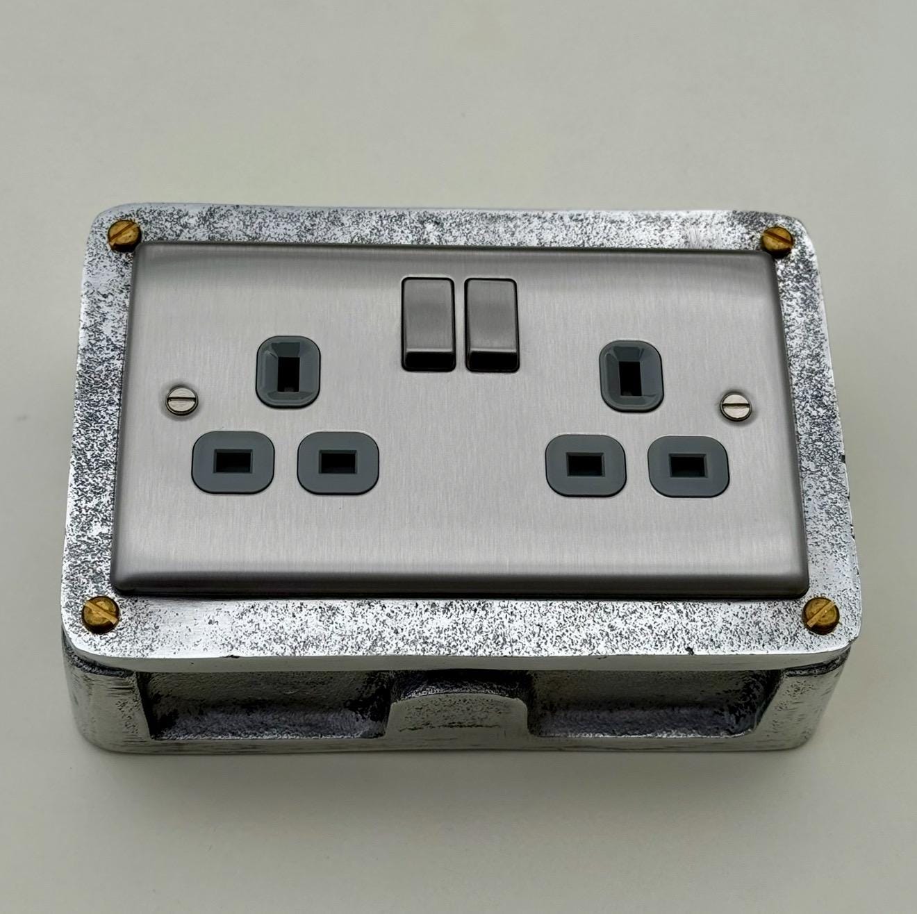 Brushed Steel Double Switched 13A Power Socket Grey Insert 230V 2 Gang 2G Socket Cast Metal Conduit Switch Industrial - BS EN Approved