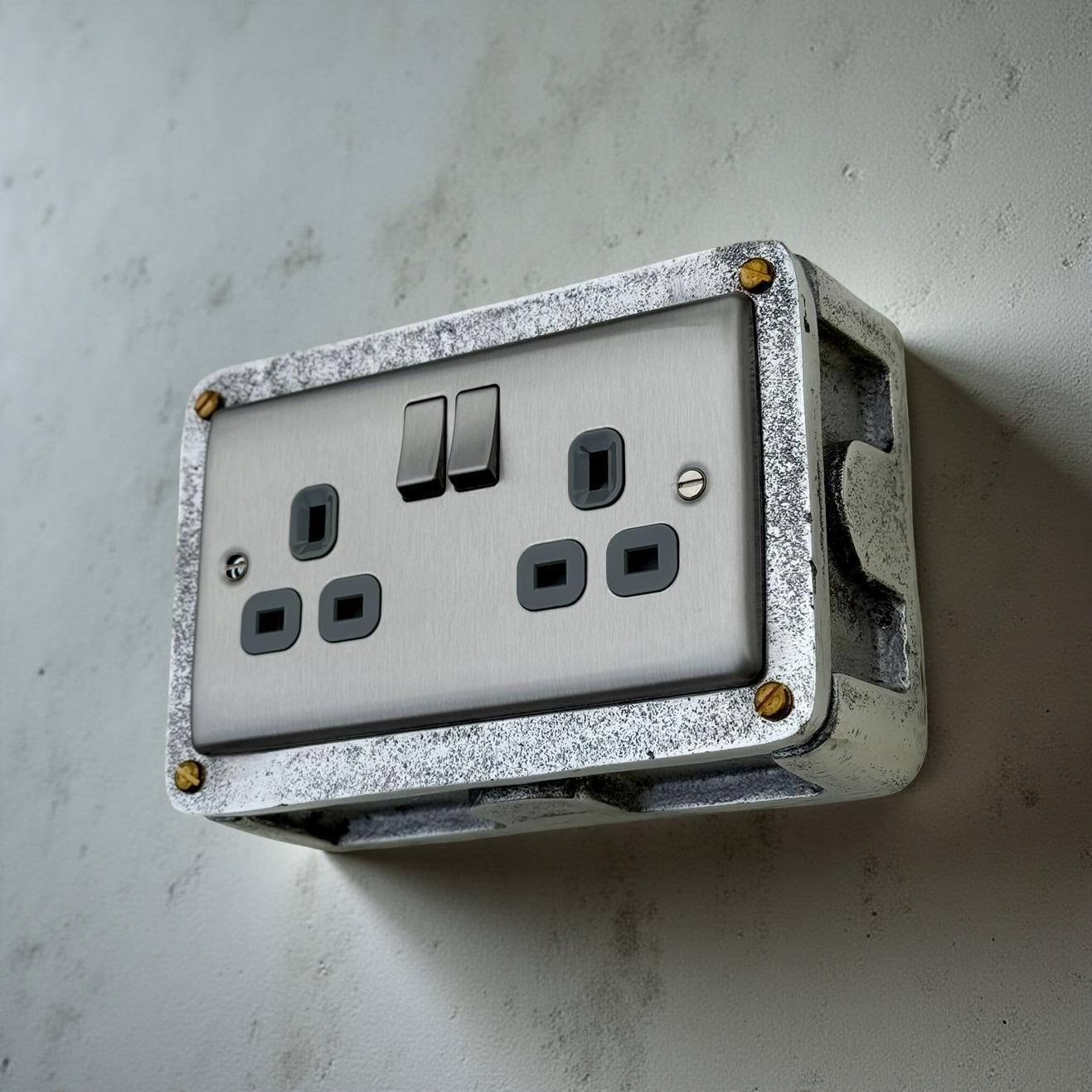 Brushed Steel Double Switched 13A Power Socket Grey Insert 230V 2 Gang 2G Socket Cast Metal Conduit Switch Industrial - BS EN Approved