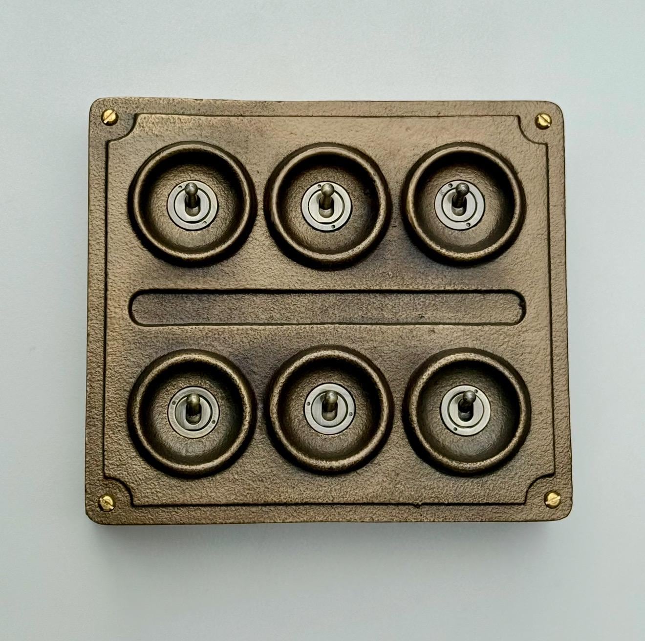 6 Gang 2 Way Bronze Solid Cast Metal Conduit Light Switch Industrial - BS EN Vintage Crabtree 1950’s Style