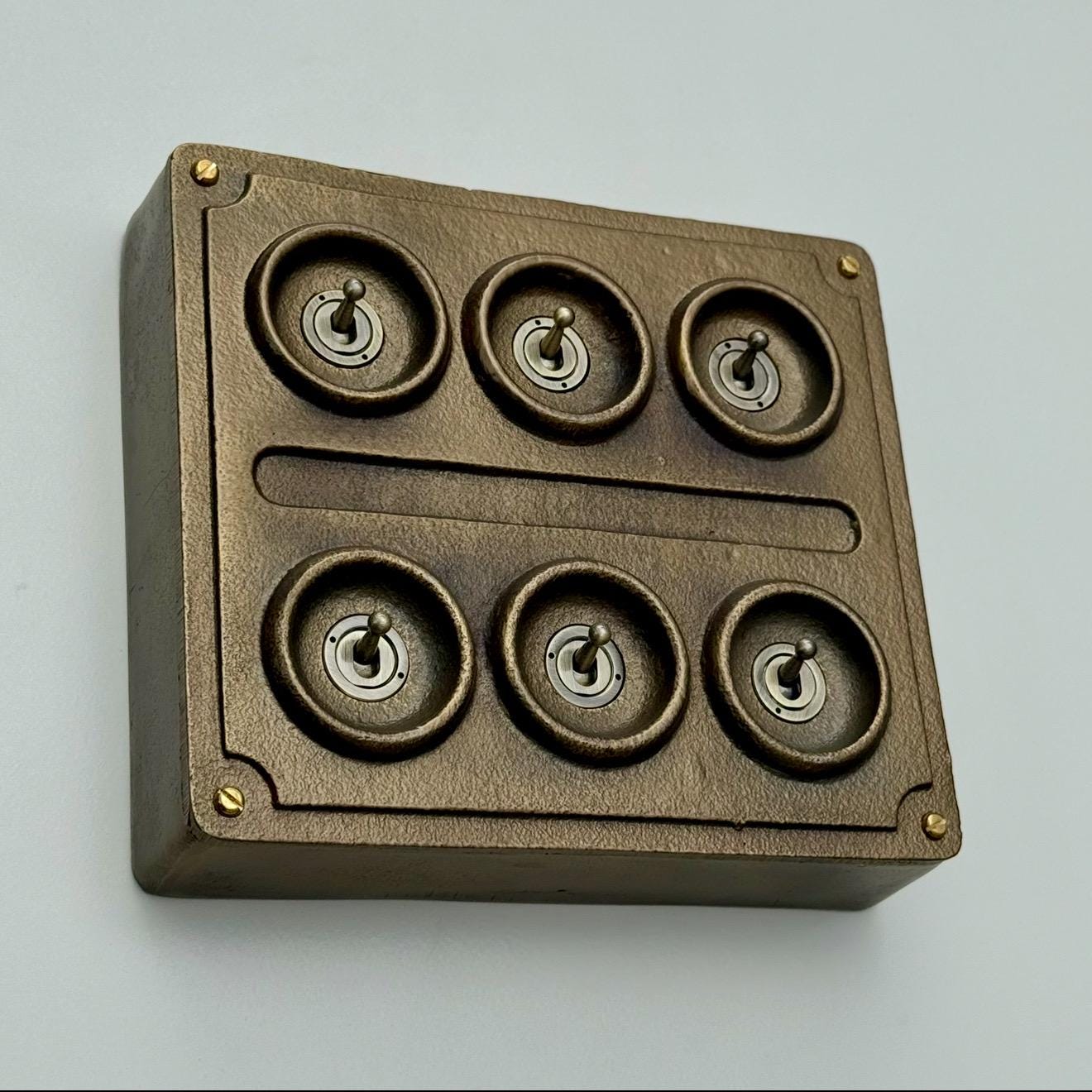 6 Gang 2 Way Bronze Solid Cast Metal Conduit Light Switch Industrial - BS EN Vintage Crabtree 1950’s Style
