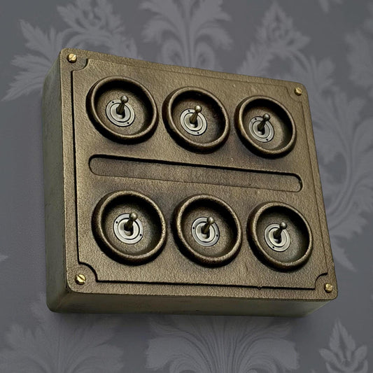 6 Gang 2 Way Bronze Solid Cast Metal Conduit Light Switch Industrial - BS EN Vintage Crabtree 1950’s Style