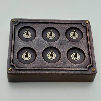 6 Gang 2 Way Antique Copper Solid Cast Metal Conduit Light Switch Industrial - BS EN Vintage Crabtree 1950’s Style