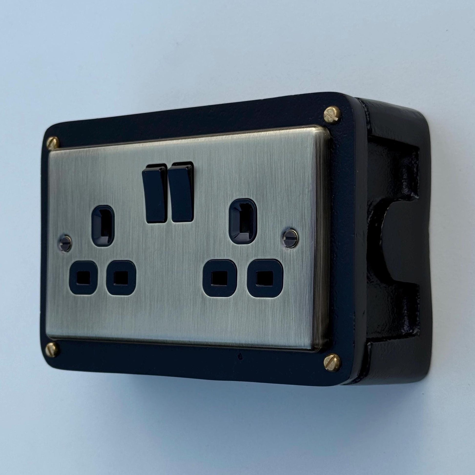 Black Double Switched Antique Brass 13A Power Socket 230V 13A 2 Gang 2G Solid Cast Metal Conduit Switch Industrial - BS EN Approved