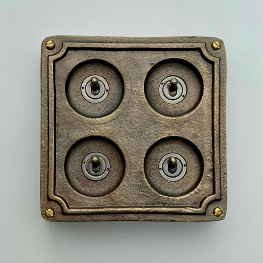 4 Gang 2 Way Solid Antique Brass Bronze Metal Surface Mounting Conduit Light Switch Industrial - BS EN Approved Vintage 1950’s Britmac Style