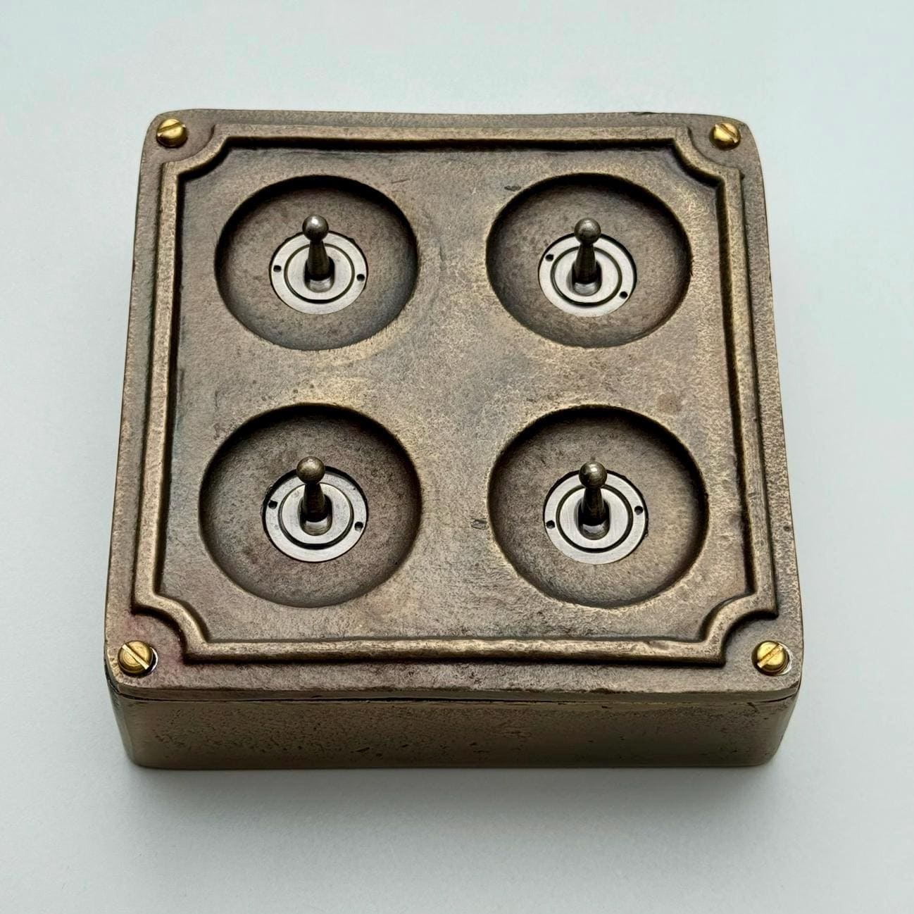 4 Gang 2 Way Solid Antique Brass Bronze Metal Surface Mounting Conduit Light Switch Industrial - BS EN Approved Vintage 1950’s Britmac Style