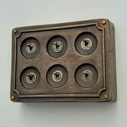 6 Gang 2 Way Bronze Solid Cast Metal Surface Mounting Conduit Light Switch Industrial - BS EN Approved Vintage Britmac Style