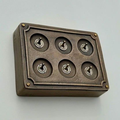 6 Gang 2 Way Bronze Solid Cast Metal Surface Mounting Conduit Light Switch Industrial - BS EN Approved Vintage Britmac Style