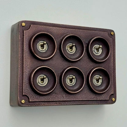 6 Gang 2 Way Antique Copper Solid Cast Metal Conduit Light Switch Industrial - BS EN Vintage Crabtree 1950’s Style