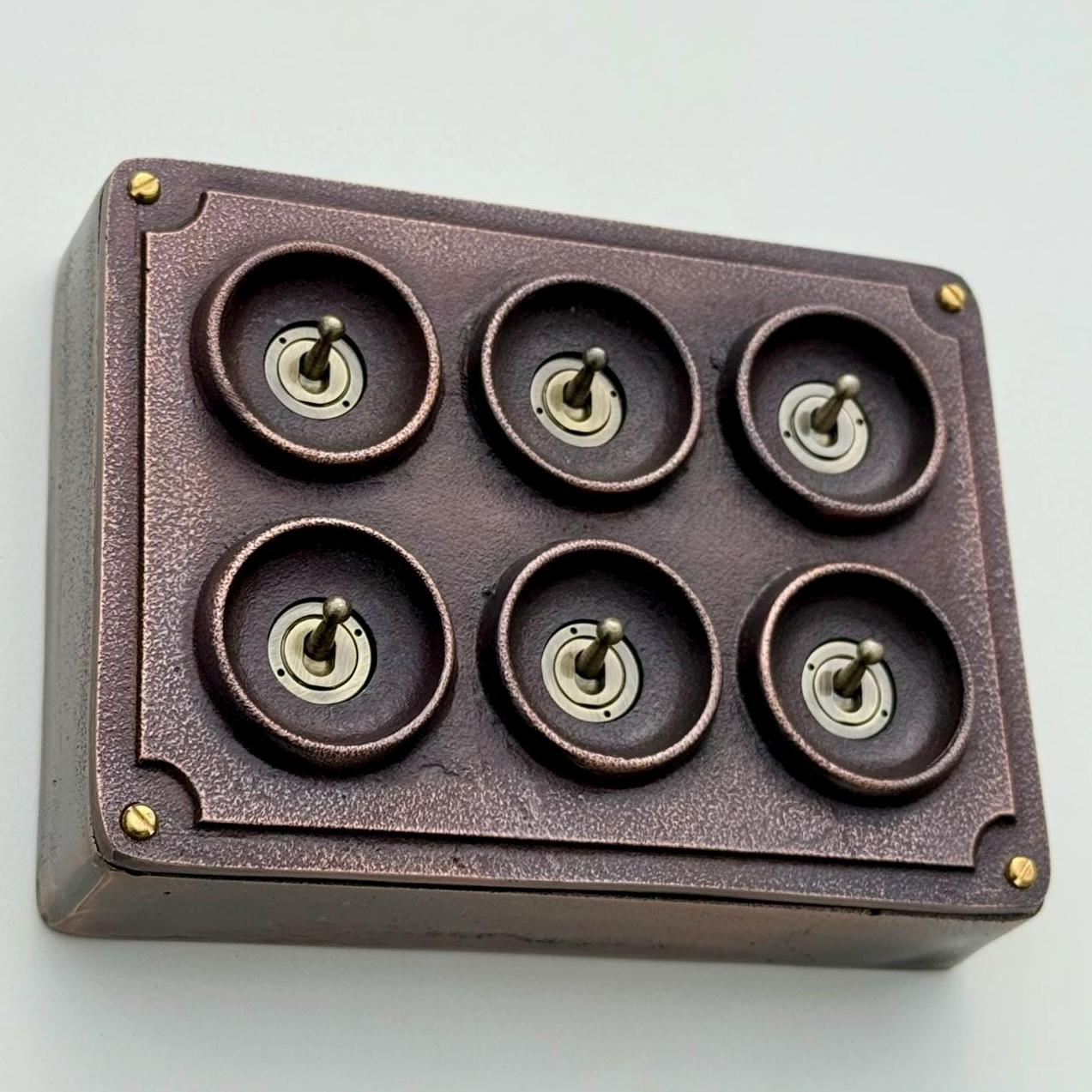 6 Gang 2 Way Antique Copper Solid Cast Metal Conduit Light Switch Industrial - BS EN Vintage Crabtree 1950’s Style