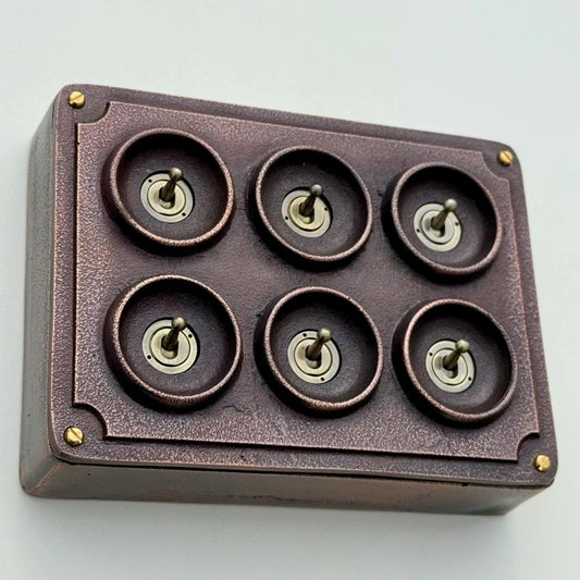 6 Gang 2 Way Antique Copper Solid Cast Metal Conduit Light Switch Industrial - BS EN Vintage Crabtree 1950’s Style