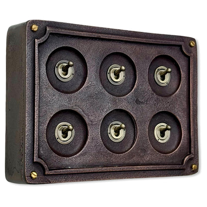 6 Gang 2 Way Antique Copper Solid Cast Metal Conduit Light Switch Industrial - BS EN Vintage Crabtree 1950’s Style