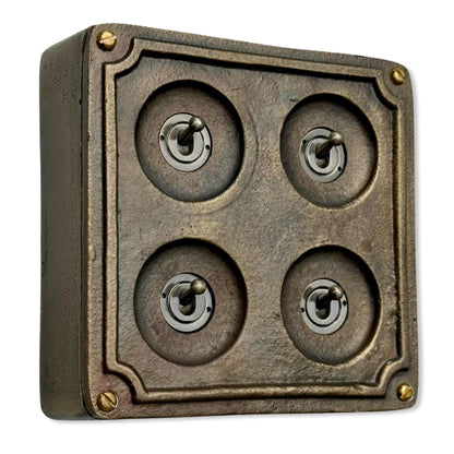 4 Gang 2 Way Solid Antique Brass Bronze Metal Surface Mounting Conduit Light Switch Industrial - BS EN Approved Vintage 1950’s Britmac Style