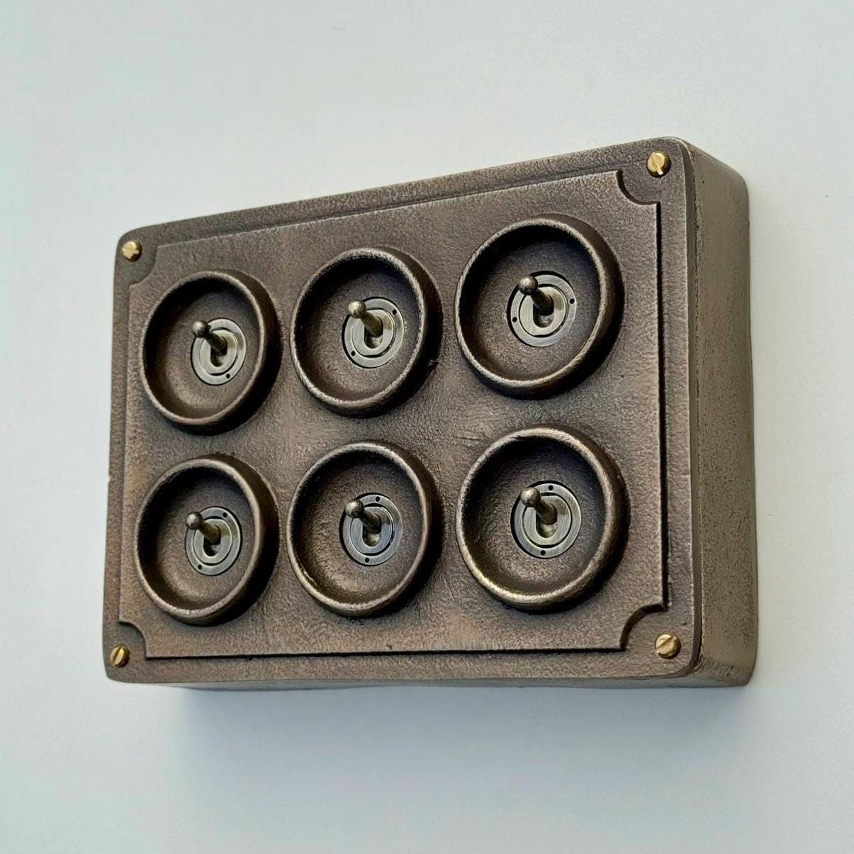 6 Gang 2 Way Antique Brass Solid Cast Metal Conduit Bronze Light Switch - Vintage Crabtree Style