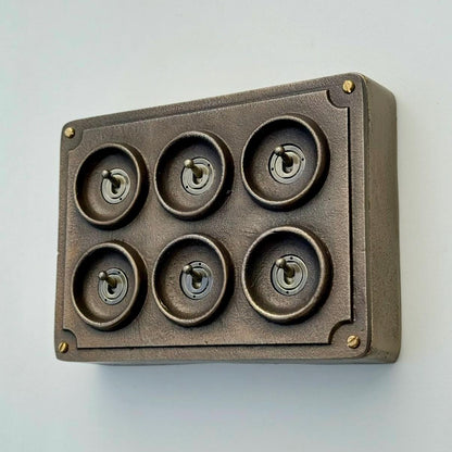 6 Gang 2 Way Antique Brass Solid Cast Metal Conduit Bronze Light Switch - Vintage Crabtree Style