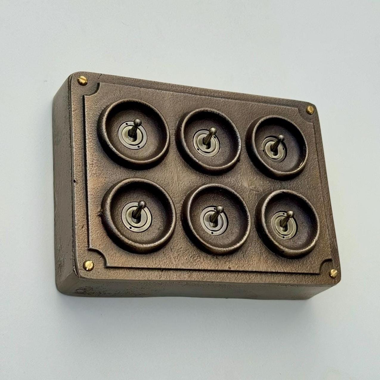6 Gang 2 Way Antique Brass Solid Cast Metal Conduit Bronze Light Switch - Vintage Crabtree Style