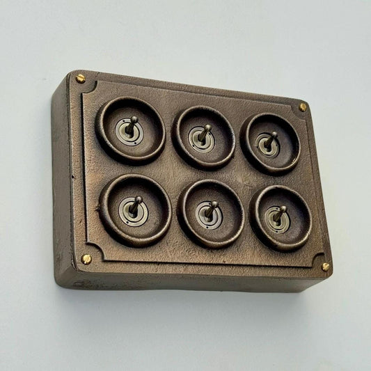 6 Gang 2 Way Antique Brass Solid Cast Metal Conduit Bronze Light Switch - Vintage Crabtree Style