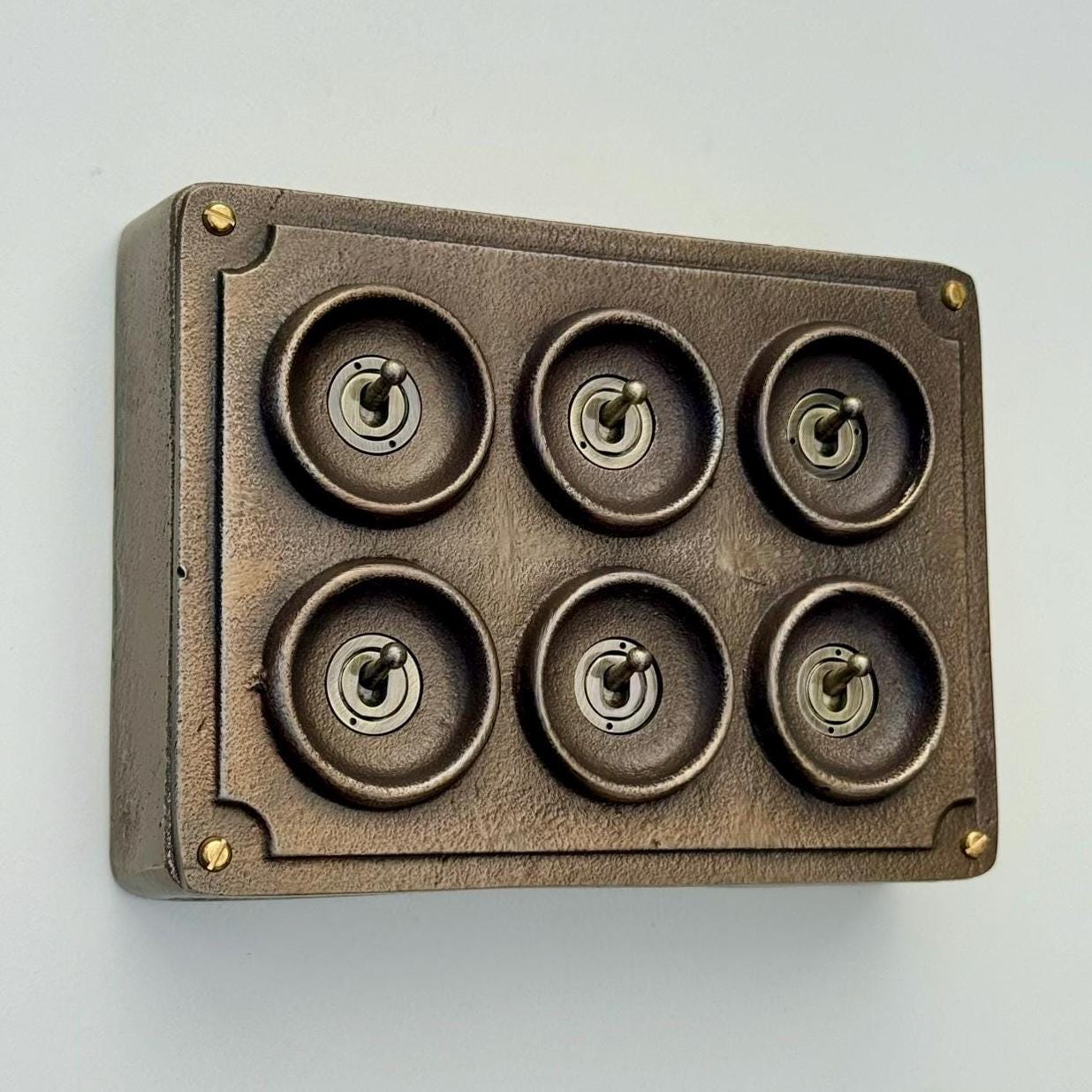 6 Gang 2 Way Antique Brass Solid Cast Metal Conduit Bronze Light Switch - Vintage Crabtree Style