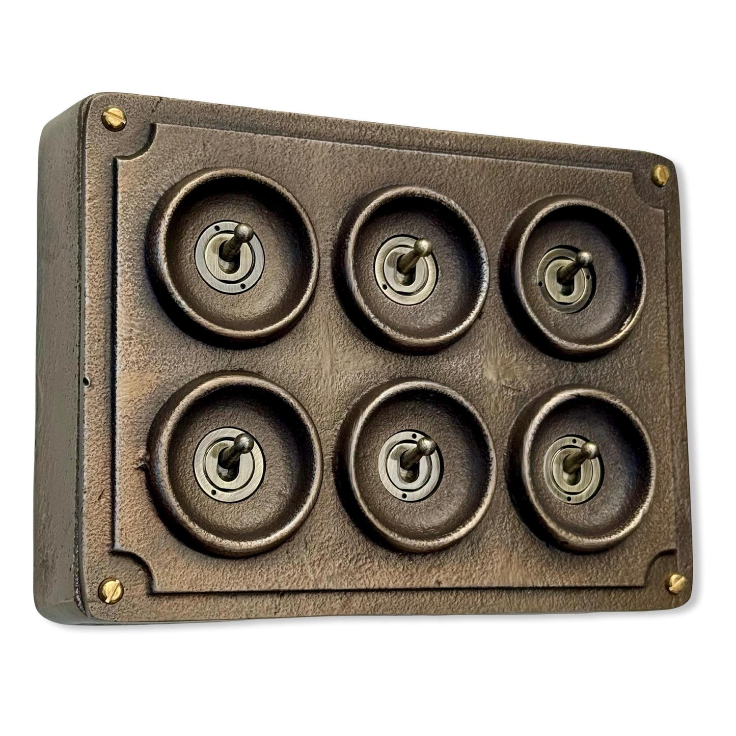 6 Gang 2 Way Antique Brass Solid Cast Metal Conduit Bronze Light Switch - Vintage Crabtree Style