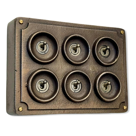 6 Gang 2 Way Antique Brass Solid Cast Metal Conduit Bronze Light Switch - Vintage Crabtree Style