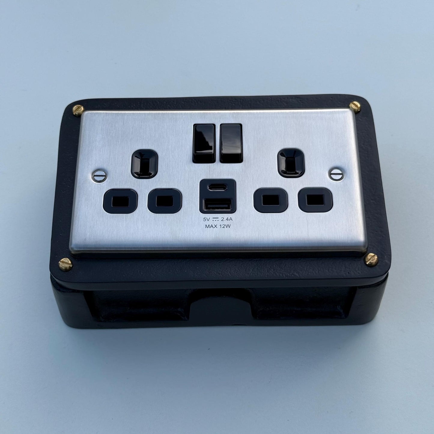 Brushed Steel Double Switched Solid Black Cast Metal Conduit 2-Gang Socket + 2.4A 12W 2 Outlet Type A & C USB Charger