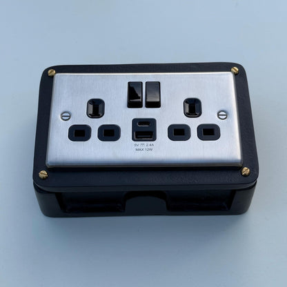 Brushed Steel Double Switched Solid Black Cast Metal Conduit 2-Gang Socket + 2.4A 12W 2 Outlet Type A & C USB Charger