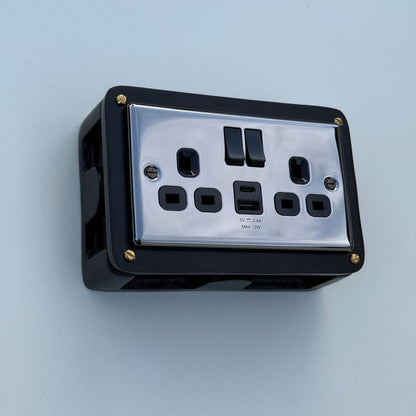 Black Double Switched Black Nickel Power Socket 230V 2 Gang Solid Cast Metal Conduit Switch