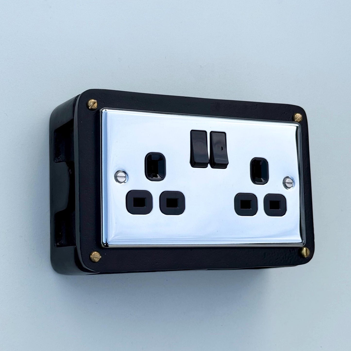 Black Double Switched Black Nickel Power Socket 230V 2 Gang Solid Cast Metal Conduit Switch