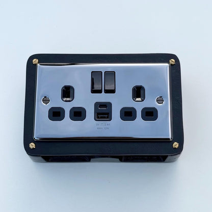 Black Double Switched Black Nickel Power Socket 230V 2 Gang Solid Cast Metal Conduit Switch