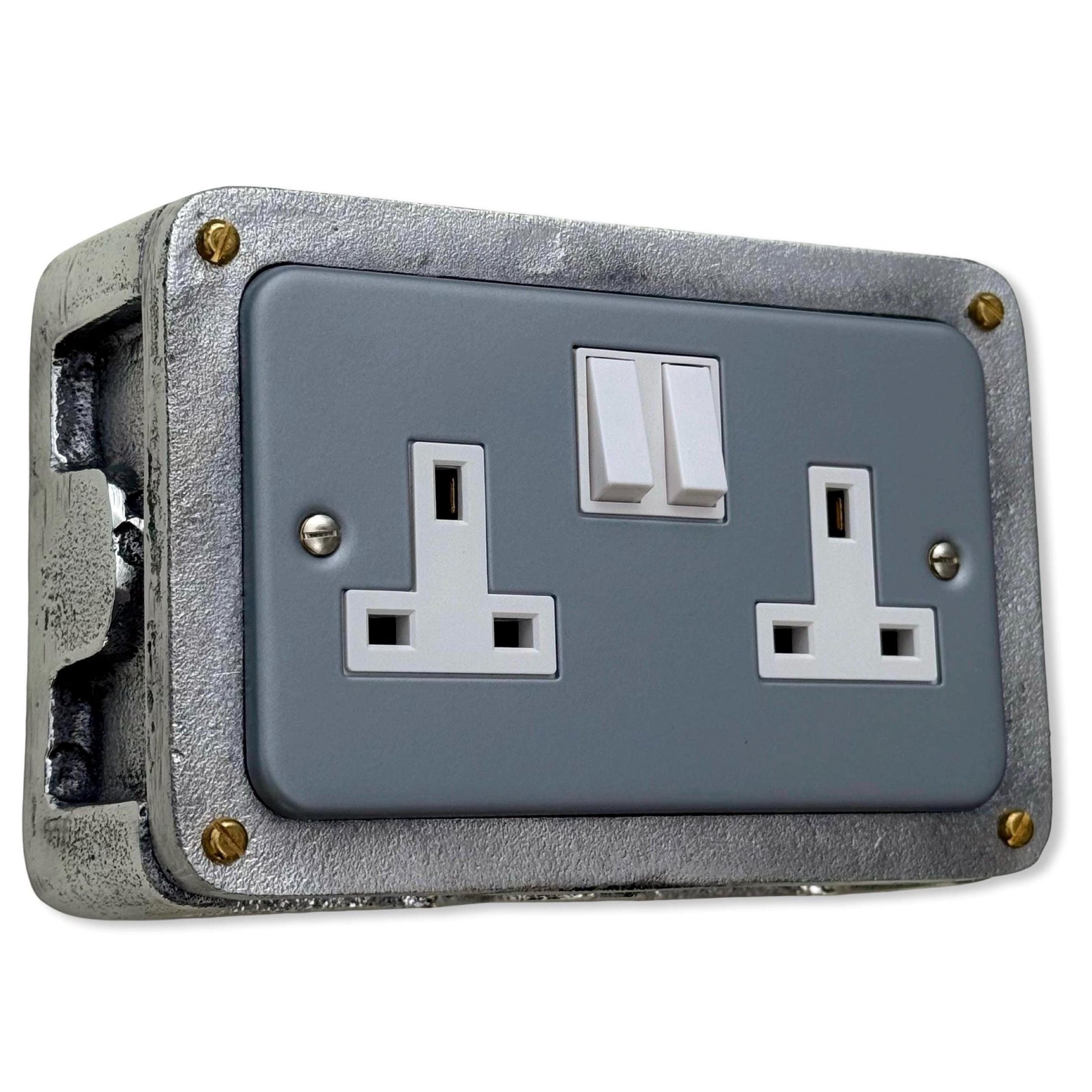 Grey Metal Clad Double Switched 13A Power Socket 230V 2 Gang 2G Socket Cast Metal Conduit Switch Industrial - BS EN Approved Vintage