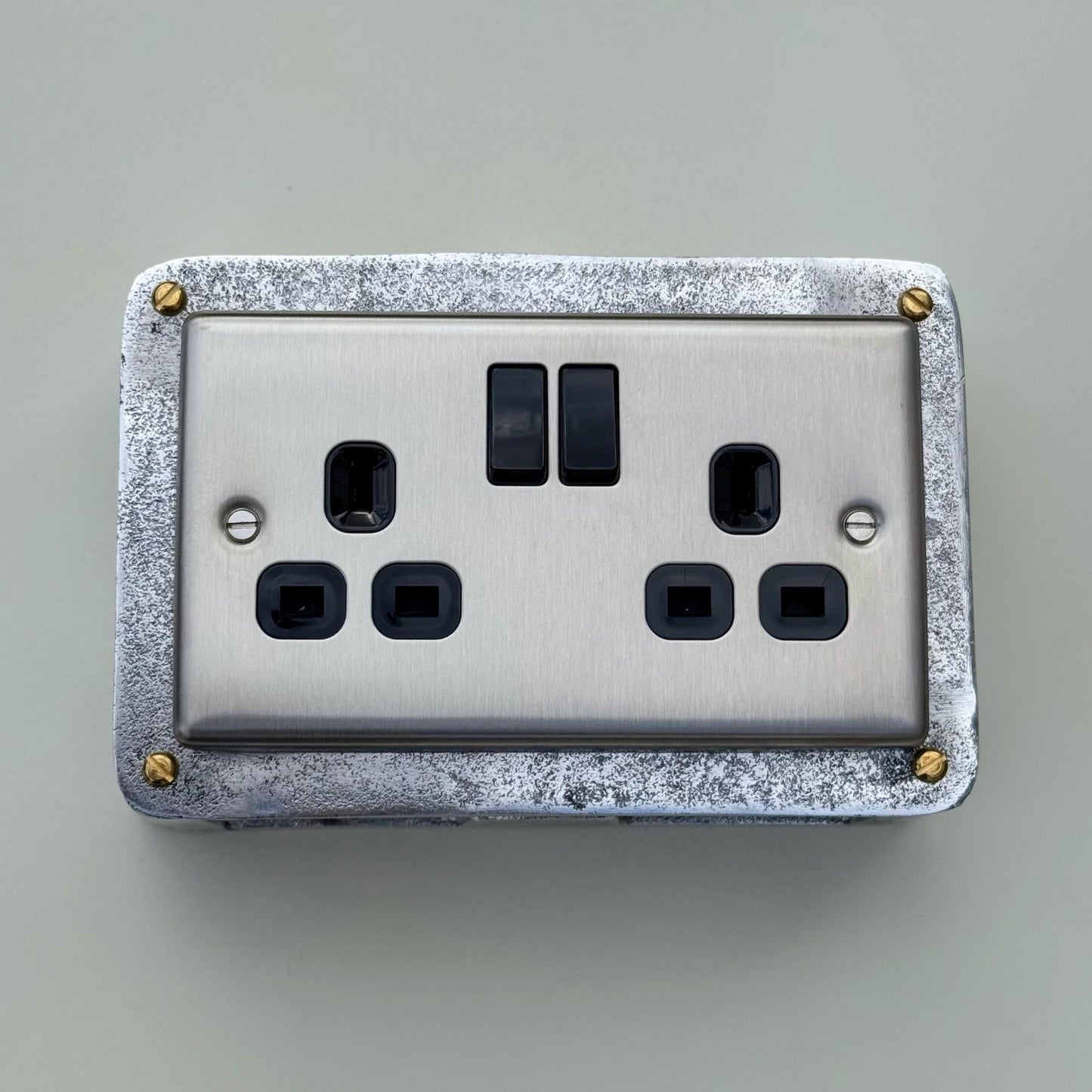 Brushed Steel Double Switched 13A Power Socket 230V 2 Gang 2G Socket Cast Metal Conduit Switch Industrial - BS EN Approved Vintage