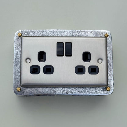 Brushed Steel Double Switched 13A Power Socket 230V 2 Gang 2G Socket Cast Metal Conduit Switch Industrial - BS EN Approved Vintage