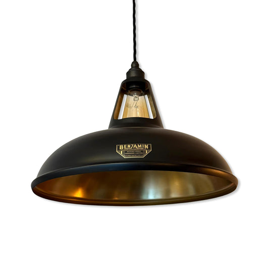 Cawston XL ~ Matt Black & Antique Brass Lampshade Slotted Design Pendant Ceiling Light ~ 11 Inch