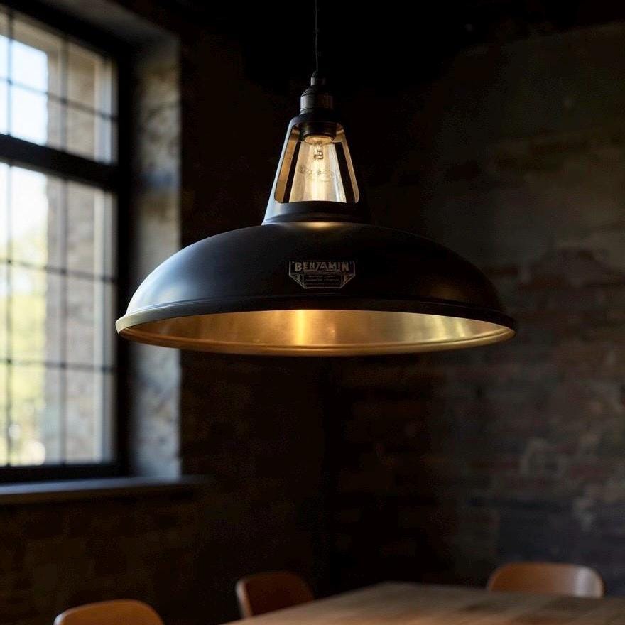 Cawston XL ~ Matt Black & Antique Brass Lampshade Slotted Design Pendant Ceiling Light ~ 14 Inch