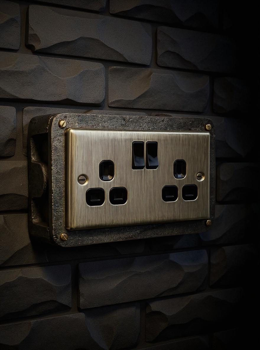 Antique Brass Double Switched 13A Power Socket 230V 13A 2 Gang 2G Solid Cast Metal Conduit Switch Industrial - BS EN Approved
