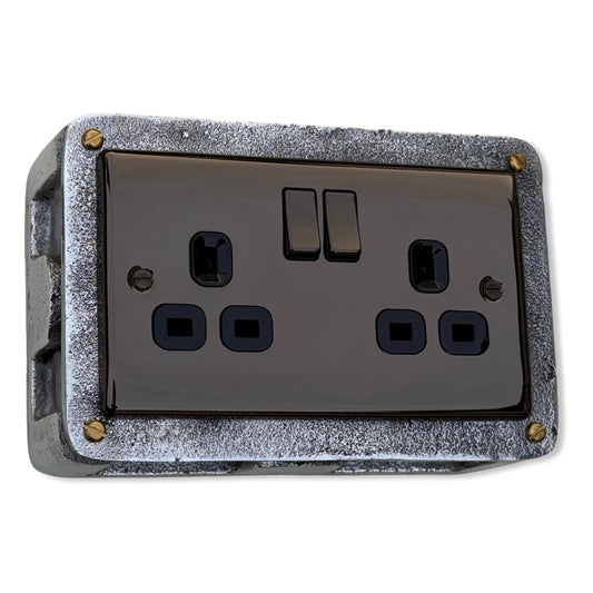 Black Nickel Double Switched 13A Power Socket 230V 13A 2 Gang 2G Solid Cast Metal Conduit Switch Industrial