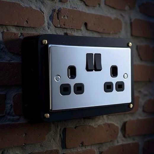 Black Double Switched Black Nickel Power Socket 230V 2 Gang Solid Cast Metal Conduit Switch