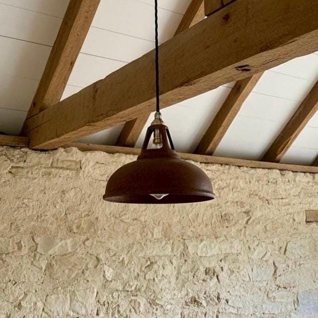 Cawston Small - Rusted Solid Steel Slotted Lampshade Pendant Set Light - 9 Inch