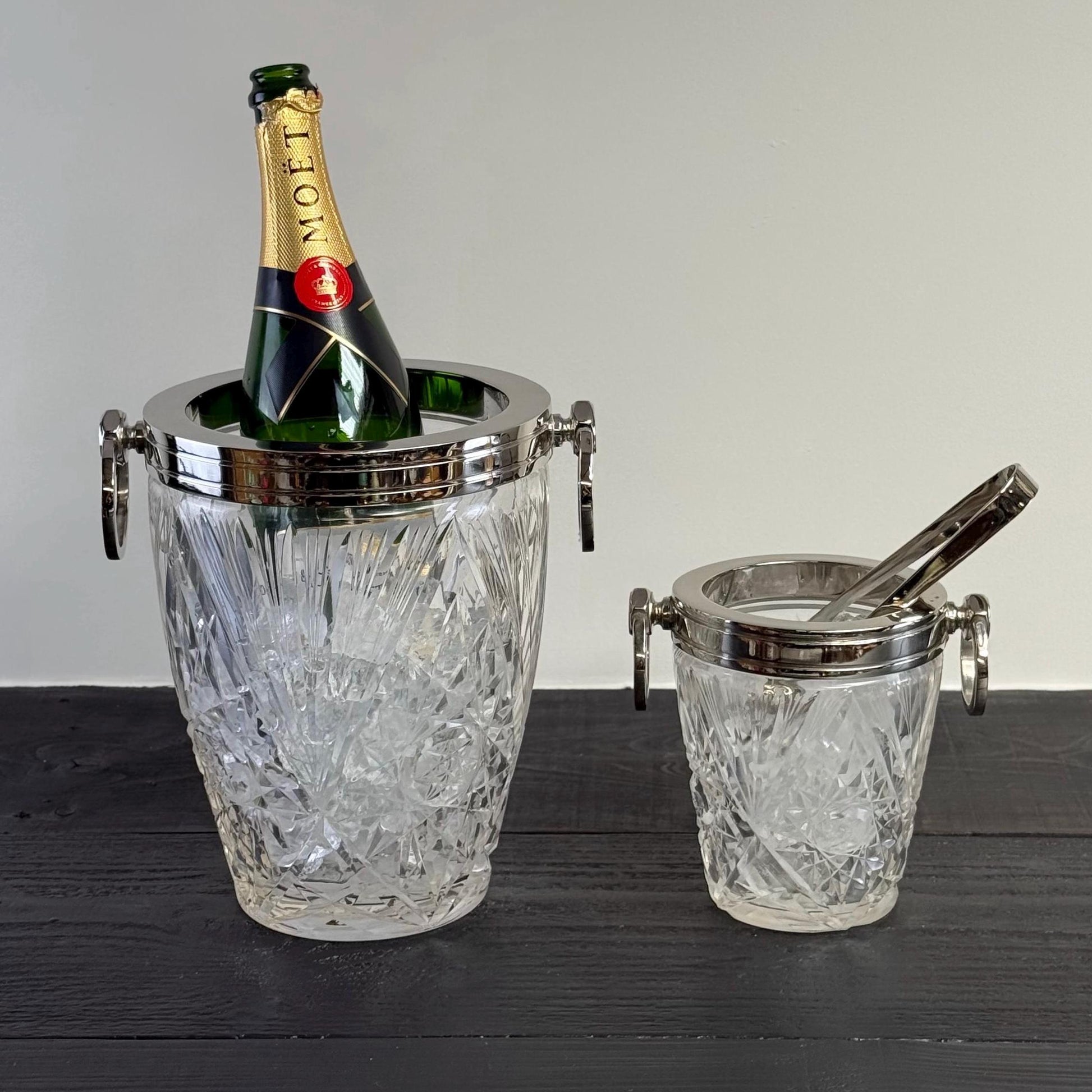 Luxury 3 Piece Solid Glass Hand Cut Engraved Wine & Ice Cooler Champagne French Bucket
