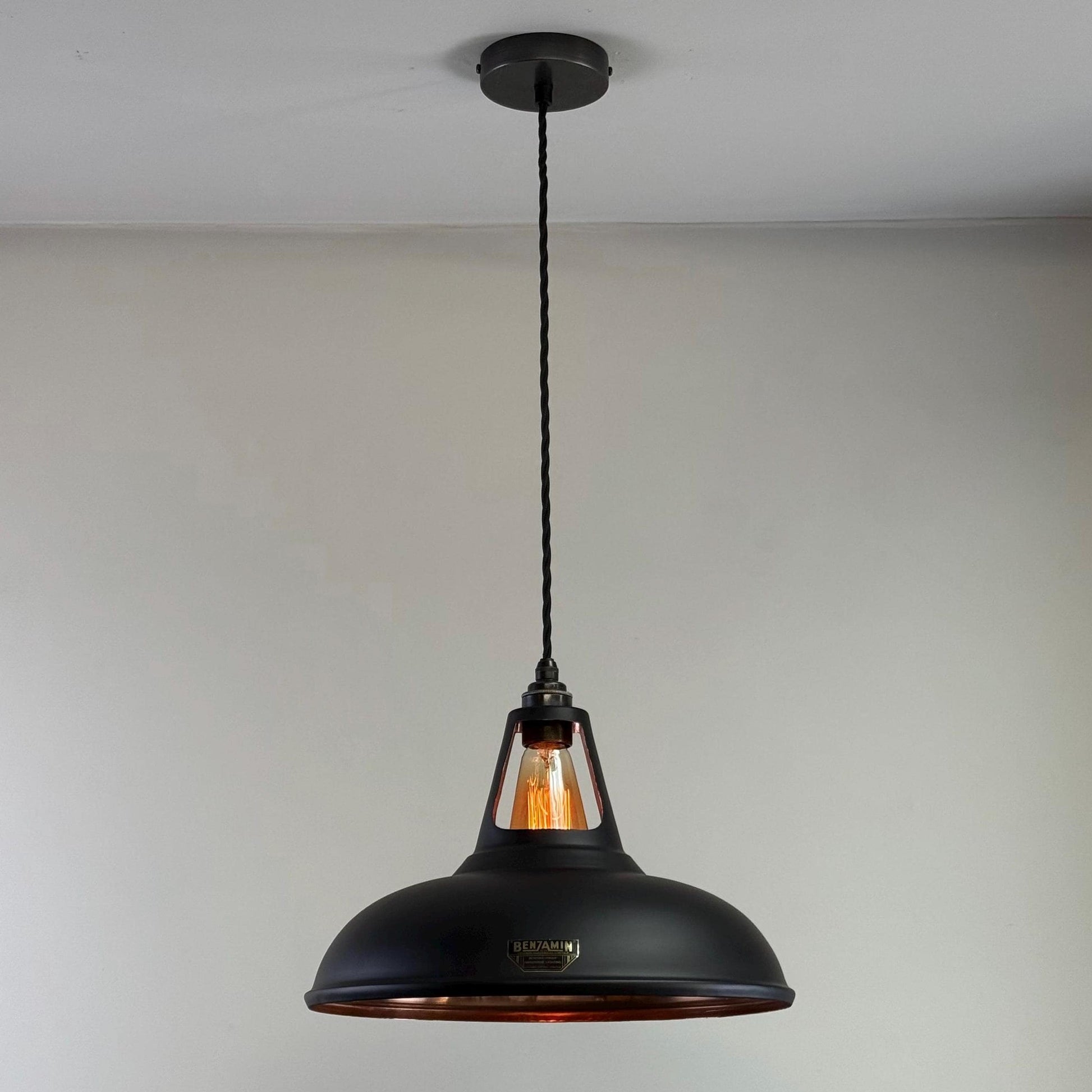 Cawston XL ~ Matt Black & Solid Copper Lampshade Slotted Design Pendant Ceiling Light ~ 14 Inch