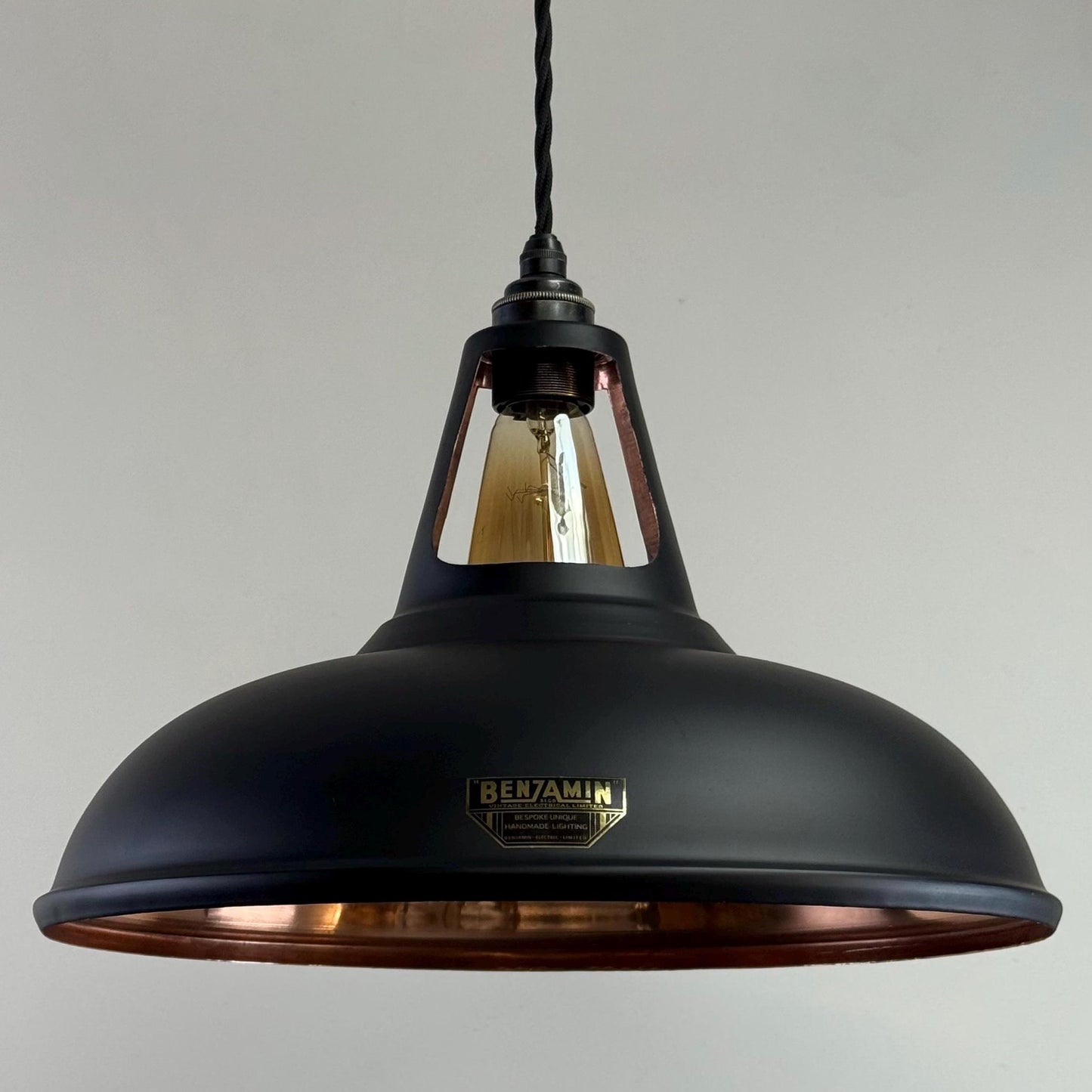 Cawston XL ~ Matt Black & Solid Copper Lampshade Slotted Design Pendant Ceiling Light ~ 14 Inch