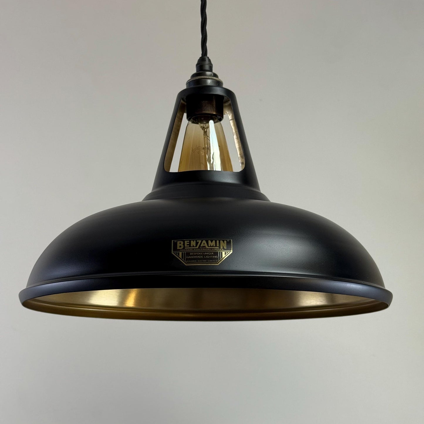Cawston XL ~ Matt Black & Antique Brass Lampshade Slotted Design Pendant Ceiling Light ~ 14 Inch