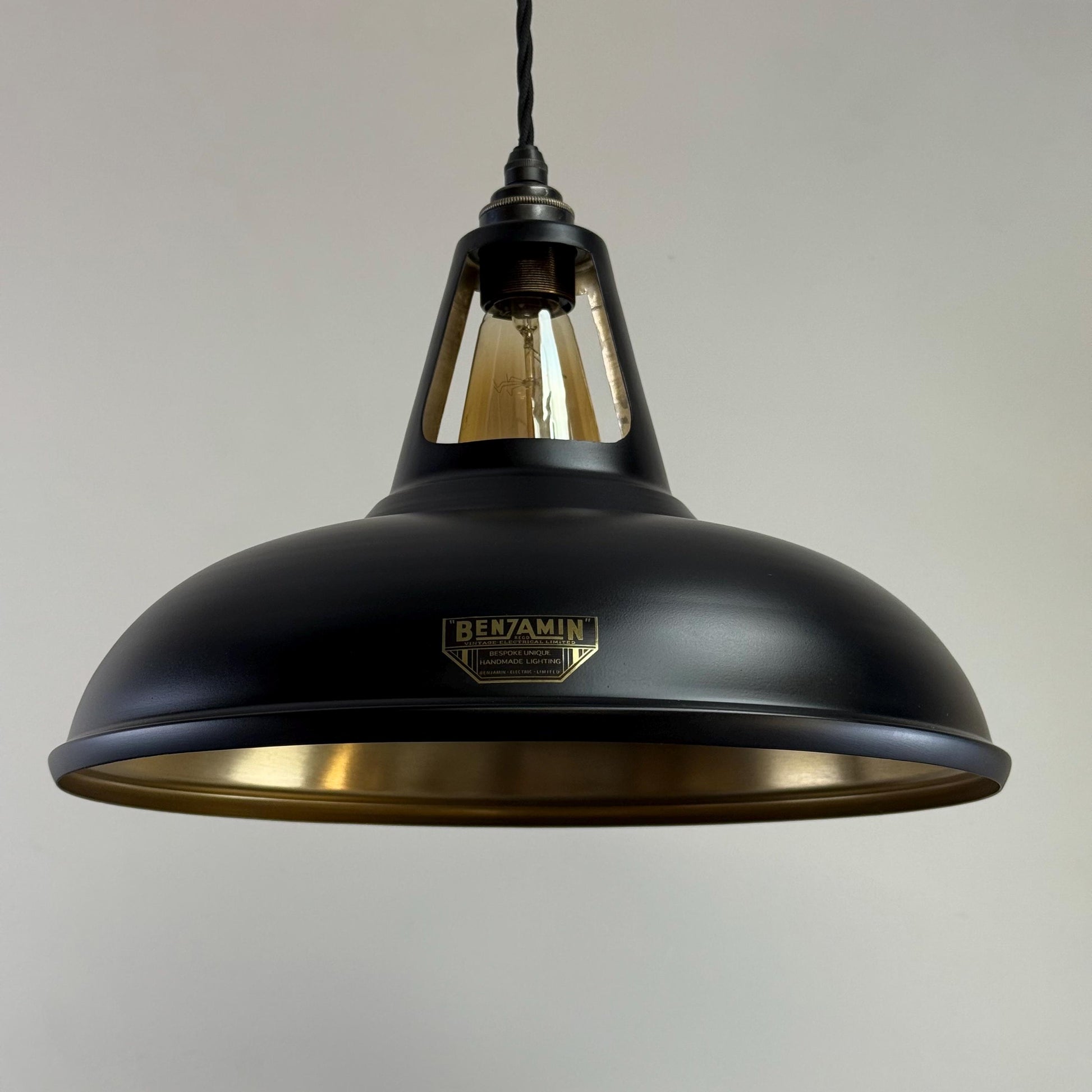 Cawston XL ~ Matt Black & Antique Brass Lampshade Slotted Design Pendant Ceiling Light ~ 14 Inch