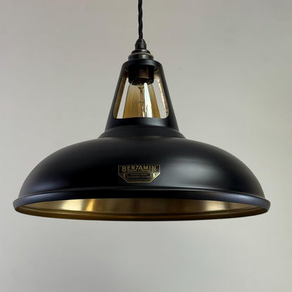 Cawston XL ~ Matt Black & Antique Brass Lampshade Slotted Design Pendant Ceiling Light ~ 14 Inch