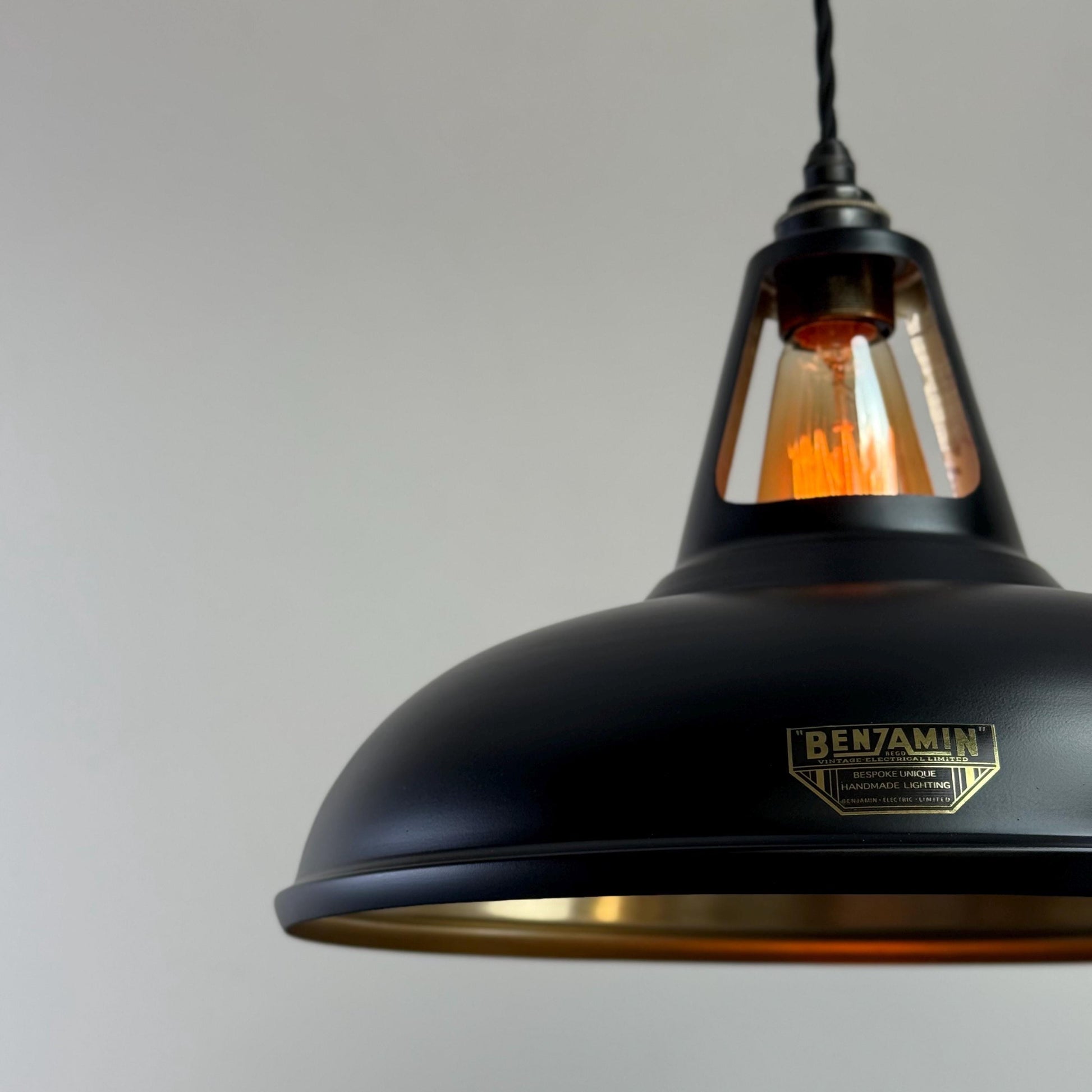Cawston XL ~ Matt Black & Antique Brass Lampshade Slotted Design Pendant Ceiling Light ~ 14 Inch