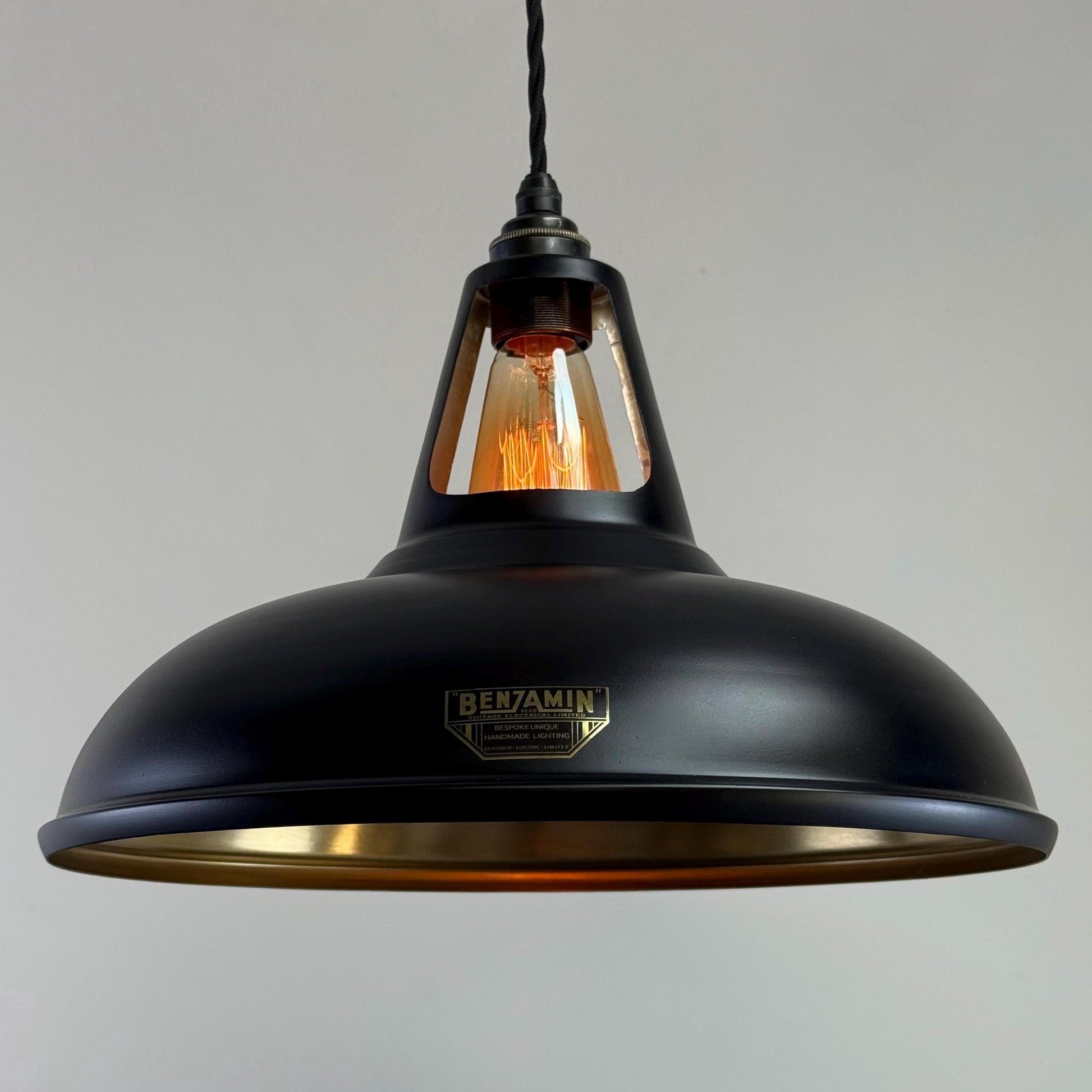 Cawston XL ~ Matt Black & Antique Brass Lampshade Slotted Design Pendant Ceiling Light ~ 14 Inch