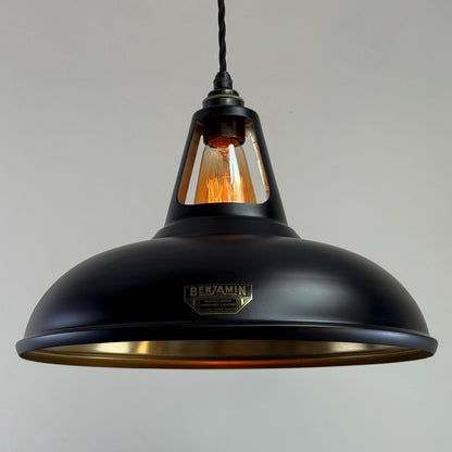 Cawston XL ~ Matt Black & Antique Brass Lampshade Slotted Design Pendant Ceiling Light ~ 14 Inch