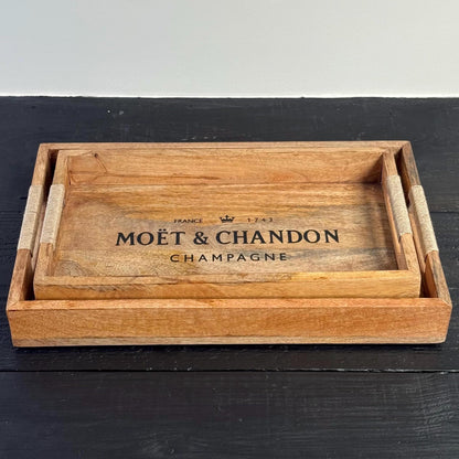 Moët & Chandon Wooden Serving Trays Champagne Butlers Rectangular Natural Finish