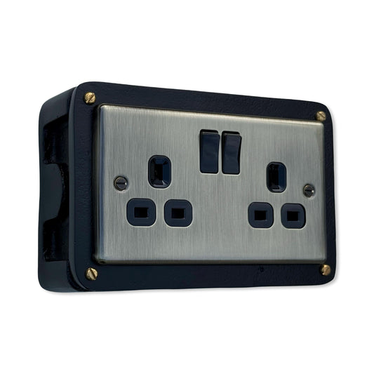 Black Double Switched Antique Brass 13A Power Socket 230V 13A 2 Gang 2G Solid Cast Metal Conduit Switch Industrial - BS EN Approved