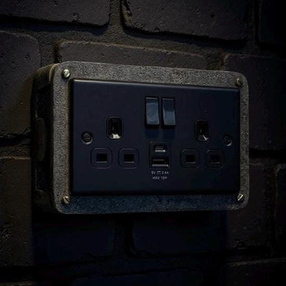 Matt Black Double Gang Plug Socket with Industrial Antique Brass Back Conduit Box